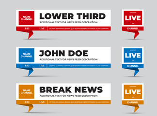 Poster - Vector lower third with red, blue, orange origami leg, square elements for channel name, text.