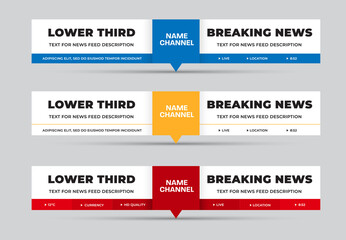 Poster - Vector lower third, rectangular white dashboard for text with red, blue, yellow square in the center for channel name.