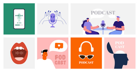 Podcast cover art. People recording podcast. Vector