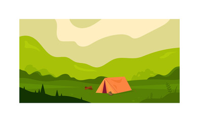 Wall Mural - Summer camping. Tent. Nature, forest, mountains. Vector