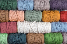 Background Of Colorful Macrame Yarns. Texture Of Natural Cotton Macrame Yarn Rolls. Flat Lay