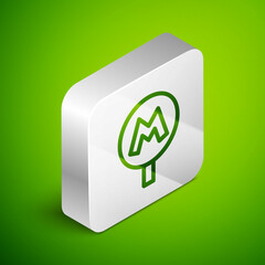 Poster - Isometric line Metro or Underground or Subway icon isolated on green background. Silver square button. Vector