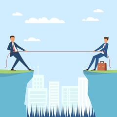 Wall Mural - Business competition, company and employee rivalry. Businessmen play tug of war game, pulling opposite ends of rope. People confrontation, battle and fight. Conflict on work vector concept