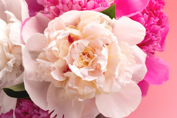 Wall Mural - Bouquet of white and pink peonies closeup. Floral card design. Selective focus