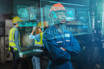 technology industrial African worker, electrical engineer looking and check on high techno screen monitor computer and machinery working in industry, metaverse machine engine concept