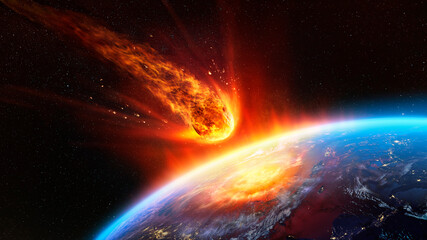 meteor impact on earth - fired asteroid in collision with planet - contain 3d rendering - elements o
