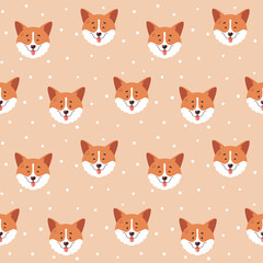  Corgi seamless pattern. Cute smiling welsh corgi faces and polka dot background. Happy dog characters. Vector illustration.