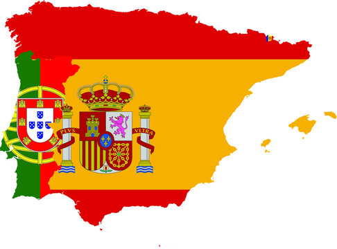 Map of Iberian peninsula countries with national flag