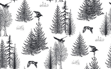 vector seamless pattern with hand drawn crow birds and trees. forest scenes on white background.