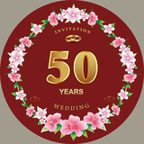 Fototapeta Tulipany - Anniversary 50 years, wedding card with floral pattern, hearts and rings on red background with golden numbers. Vector illustration