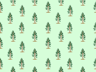 Tree cartoon character seamless pattern on green background.Pixel style