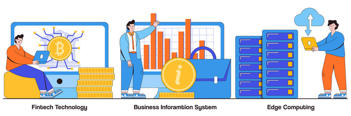 Poster - fintech technology, business information system, edge computing concept with tiny people. it infrast