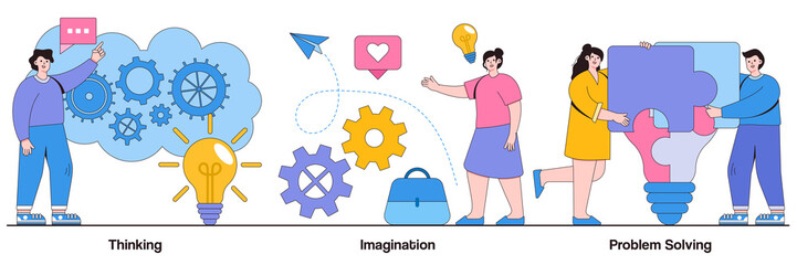 Poster - thinking, imagination, problem solving concept with tiny people. brain activity abstract vector illu