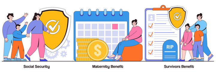 Wall Mural - Social security, maternity and survivors benefit concept with tiny people. State allowance vector illustration set. Retirement insurance, parental support, death certificate, financial help metaphor