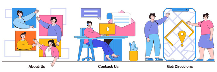 Poster - About us, contact us, get directions concept with tiny people. Company information vector illustration set. Website menu, starting web page, business profile, office information, navigation metaphor