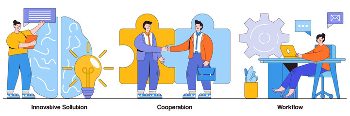 Poster - Innovative solution, cooperation, workflow concept with tiny people. Effective work abstract vector illustration set. Creative ideas generation, team building, productivity management metaphor