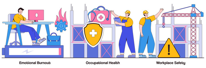 Poster - Emotional burnout, occupational health, workplace safety concept with tiny people. Employee health vector illustration set. Overload, injury prevention, labor condition, working environment metaphor