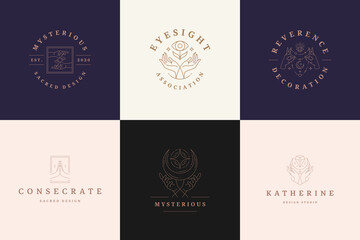 Wall Mural - magic logos emblems design templates set with mystic eye and female hands vector illustrations minim