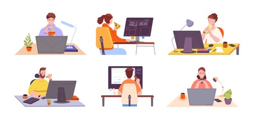 Poster - Eating at workplace. Woman eat appetited home food, business man at computer with snack, remote worker consumes burger, meal office desk, freelance work, splendid vector
