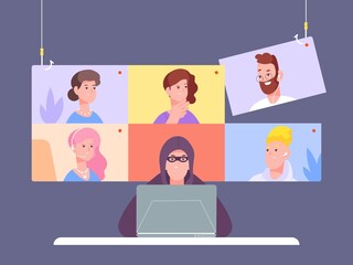 Hack video conference. Security remote gathering in zoom meeting, hacker sell work information employees, cyber spy privacy securities vector illustration