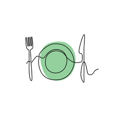 Continuous line art cutlery isolated on white background. Minimalistic vector illustration of plate, knife and fork for logo, card, social media pictogram.