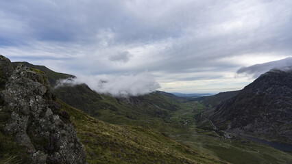 Canvas Print - Cloudy landscape view of a Welsh valley scene in green Snowdonia