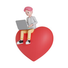 3D Illustration Of Man Using A Laptop While Sitting On Heart