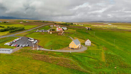 Poster - Aerial view of Glaumbaer, Iceland. Glaumbaer, in the Skagafjordur district in North Iceland, is a museum featuring a renovated turf farm and timber buildings.