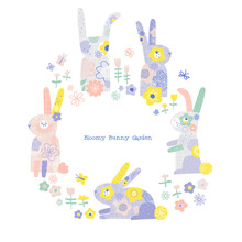Cute Flourish Bunny Circle With Flowers And Butterly Vector Illustration Isolated On White. Bloomy Bunny Garden Phrase. Groovy Spring Whimsical Rabbits Print.