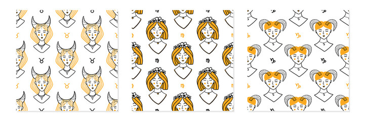 Wall Mural - Set, collection of three vector seamless pattern backgrounds with earth zodiac signs. Taurus, Virgo, Capricorn conceptual girls, female characters.