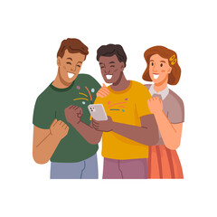 Aufkleber - People received positive messages or text with good news, congratulations with victory. Vector isolated teenagers celebrate and having fun, victory and winners. Flat cartoon style characters