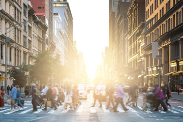 Wall Mural - Diverse crowds of people walking across a busy intersection on 5th Avenue in Manhattan, New York City with sunlight background