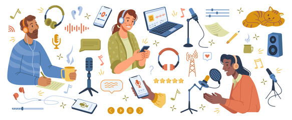 Poster - Radio studio, producing podcasts for listeners, isolated hosts with microphones and users listening with headphones. Vector application for lessons, online connection and high speed. Flat cartoon set