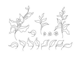 Wall Mural - Tea set. Linear tree, leaves. Graphic bio symbol