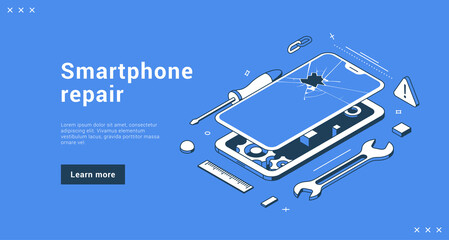 Smartphone repair technical service support internet banner landing page isometric vector illustration. Disassembled phone with broken screen and gear. Fix gadgets web advertising user interface