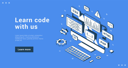 learn code with us programming school internet advertising banner landing page isometric vector illu