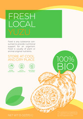 Wall Mural - Fresh Local Fruits Label Template. Abstract Vector Packaging Design Layout. Modern Typography Banner with Hand Drawn Kumquat Branch with a Slice Sketch Silhouette Background Isolated