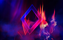 Dark Abstract Background.  Neon Geometric 3d Figure In Flames, Ultraviolet Smoke. 3d Illustration