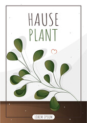 Wall Mural - Green twig, vector tree branch, houseplant, home garden, gardening, plant lover, houseplant store concept, greenhouse. A4 vector illustration for poster, banner, flyer, advertising, commercial, promo.