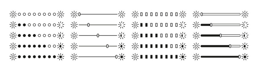 Poster - Brightness icons. Adjust of bright screen. Icons bar control of light level of screen. Slider of setting clarity and contrast on display. Interface of mobile phone and computer. Vector