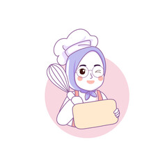 Cute bakery chef girl holding a cake smiling cartoon art illustration logo