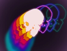 Skull Abstract Concept Colorful Illustration In The 80s And 90s Synthwave Style Design On Dark Background.