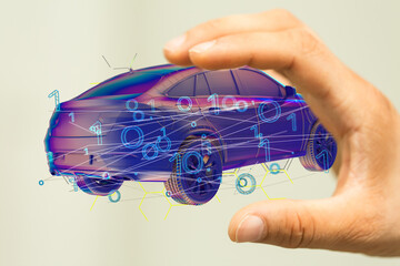 Poster - Hologram auto, futuristic polygonal model auto.