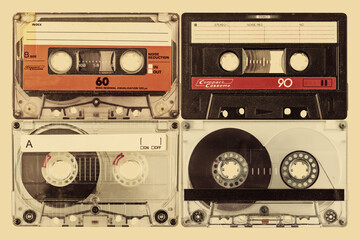 Wall Mural - retro styled image of four old audio compact cassettes