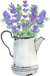 Watercolor lavender bouquet with retro farm vase. Vintage enamel elements with flowers