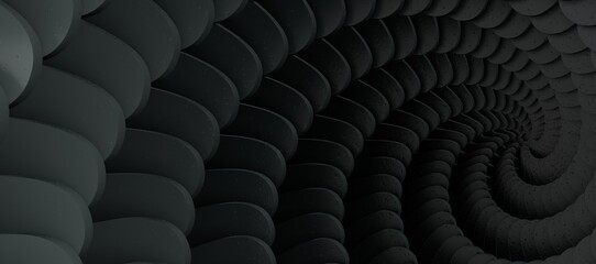 Poster - shaded 3D illustration of tunnel vortex view with geometrical hypnotic black and white flowing