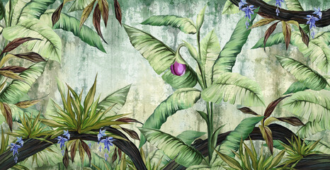  a textured shabby background that depicts the tropics, which depicts leaves, branches, ferns, large branches, winds