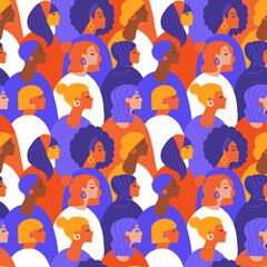 International women's day seamless pattern. Crowd of multinational girls in different multicolored clothes. Female diverse faces of different ethnicity. Women empowerment movement concept. Flat vector