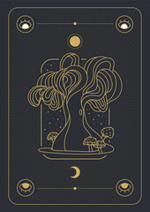 Wall Mural - design in boho style for the cover, astrology, tarot. tree and fly agaric. vector illustration.