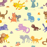 Fototapeta Pokój dzieciecy - funny cats, pattern, cat in various poses and situations, drawing, vector, images, cartoon